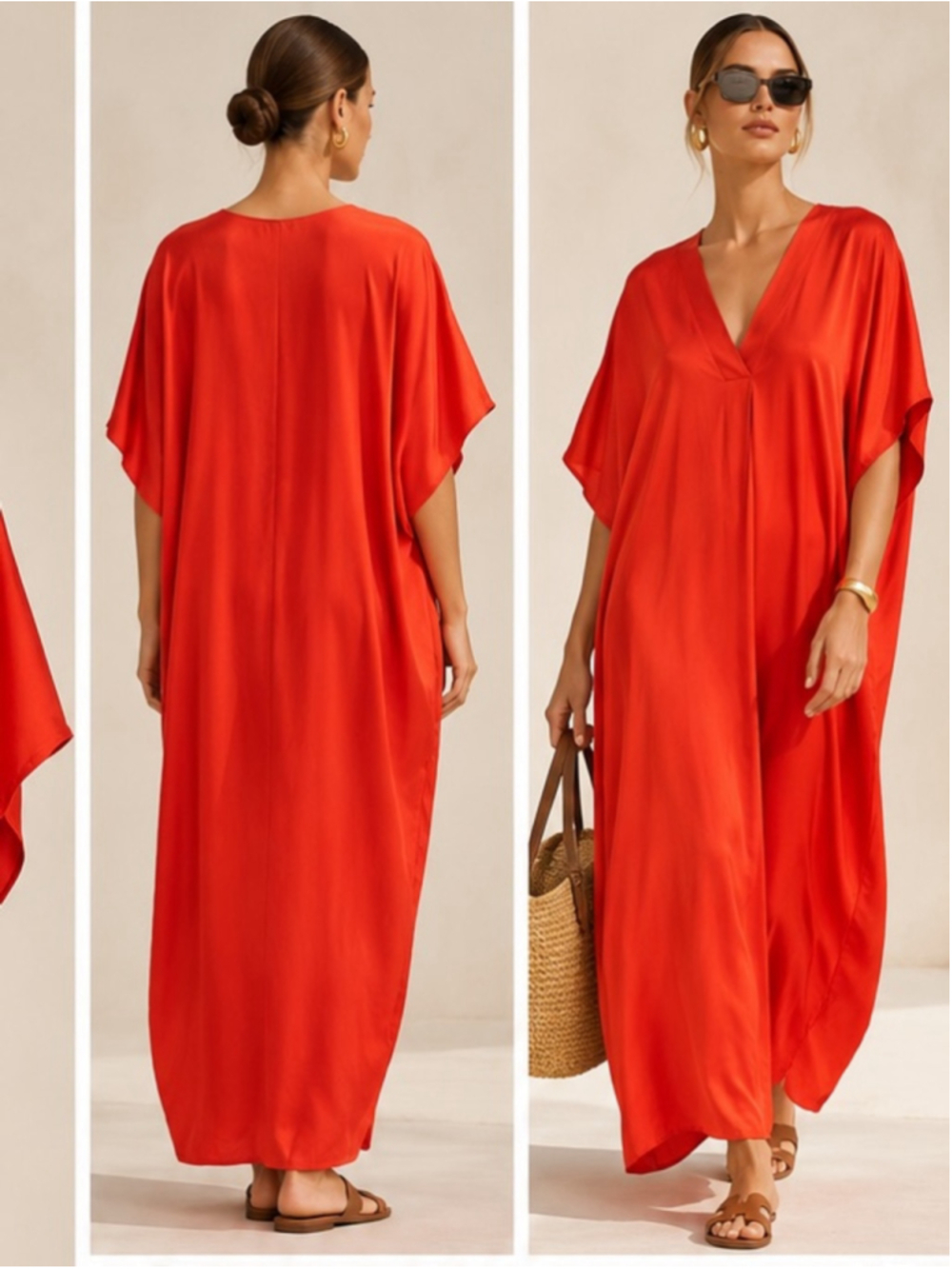 Zara Red Orange Satin Kaftan Maxi Dress Oversized One Size - Picture 3 of 8